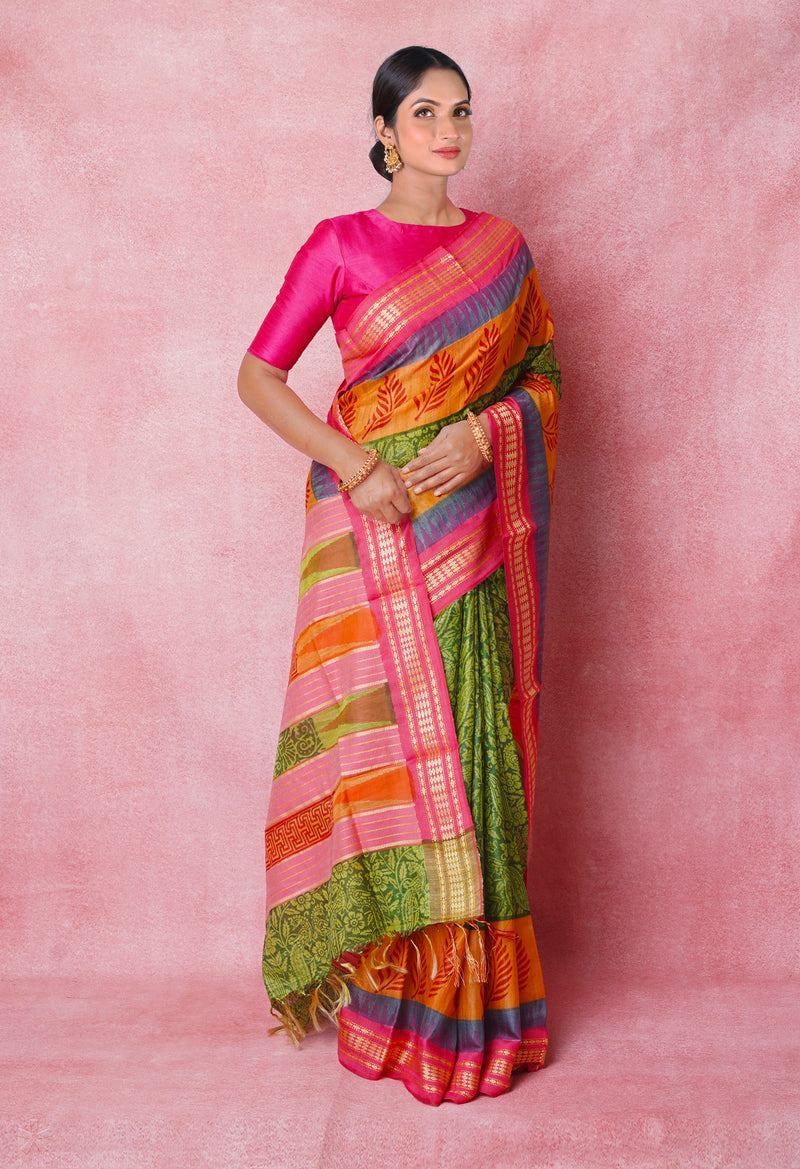 Green Pure Handloom Hand Block Printed Vidarbha Tussar Silk Saree-UNM74472