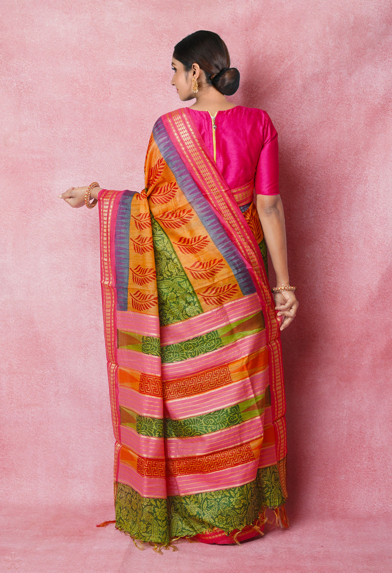 Green Pure Handloom Hand Block Printed Vidarbha Tussar Silk Saree-UNM74472