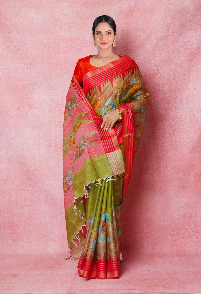Cream Pure Handloom Brush Painted Vidarbha Tussar Silk Saree-UNM74473