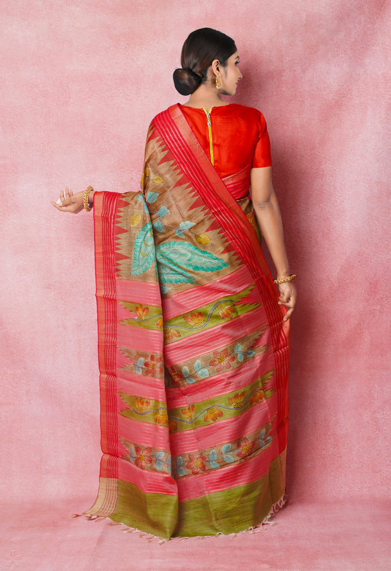 Cream Pure Handloom Brush Painted Vidarbha Tussar Silk Saree-UNM74473