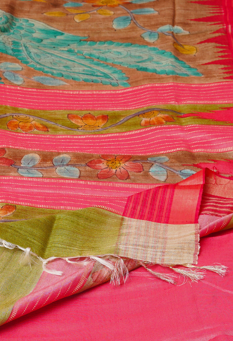 Cream Pure Handloom Brush Painted Vidarbha Tussar Silk Saree-UNM74473