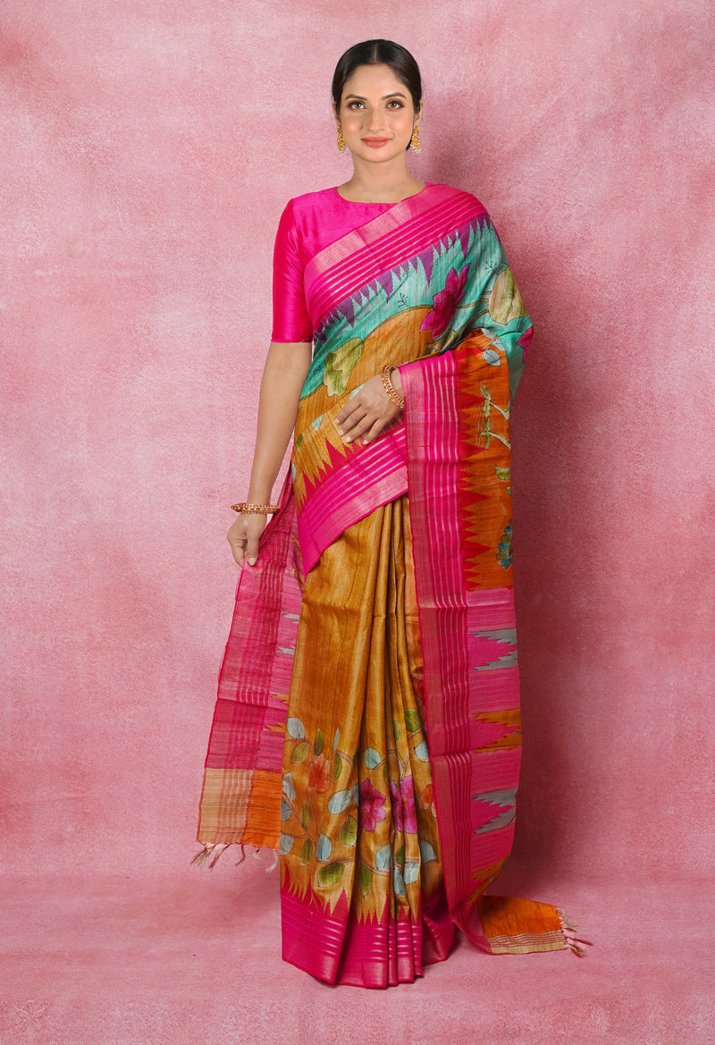 Bronze Orange Pure Handloom Brush Painted Vidarbha Tussar Silk Saree-UNM74476