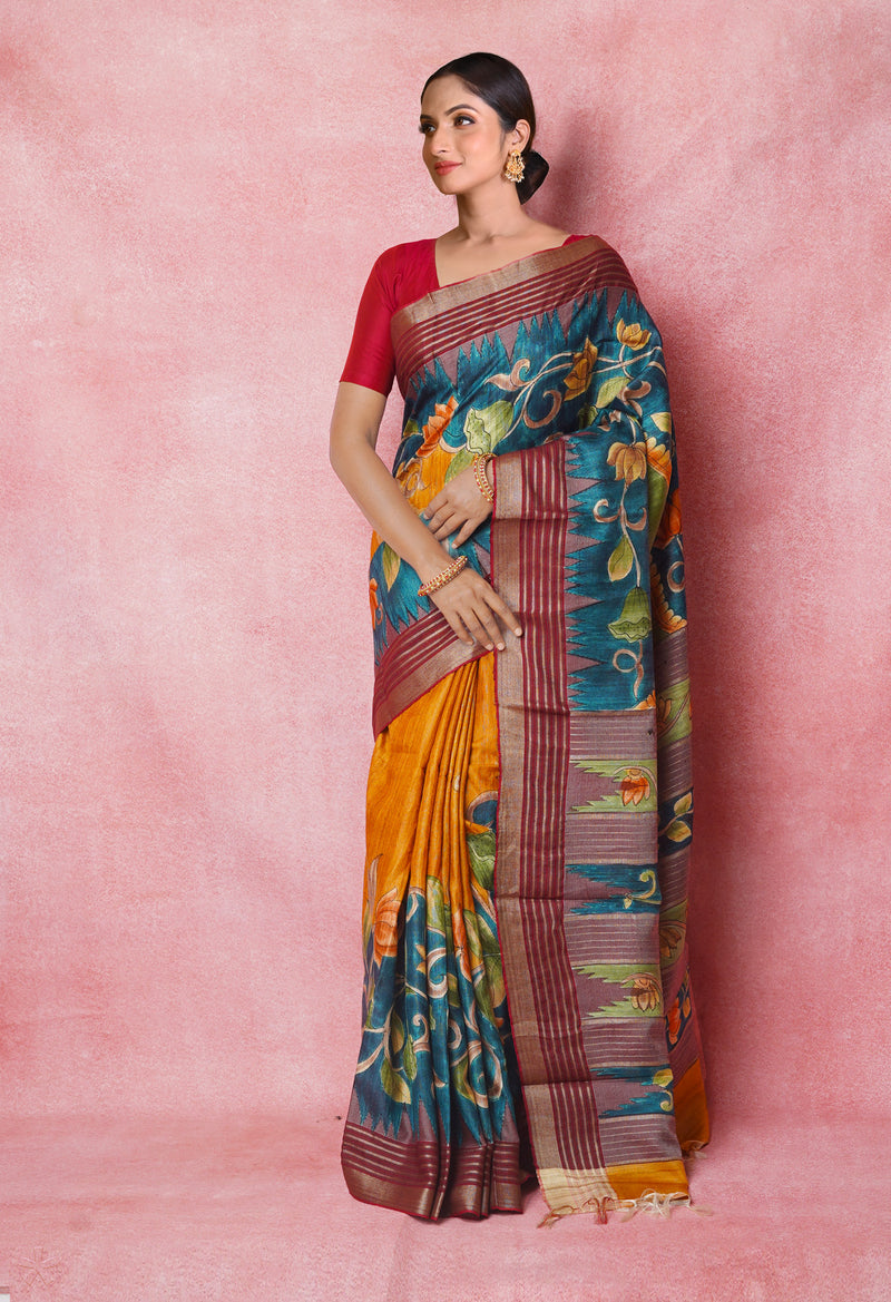Green Pure Handloom Brush Painted Vidarbha Tussar Silk Saree-UNM74477