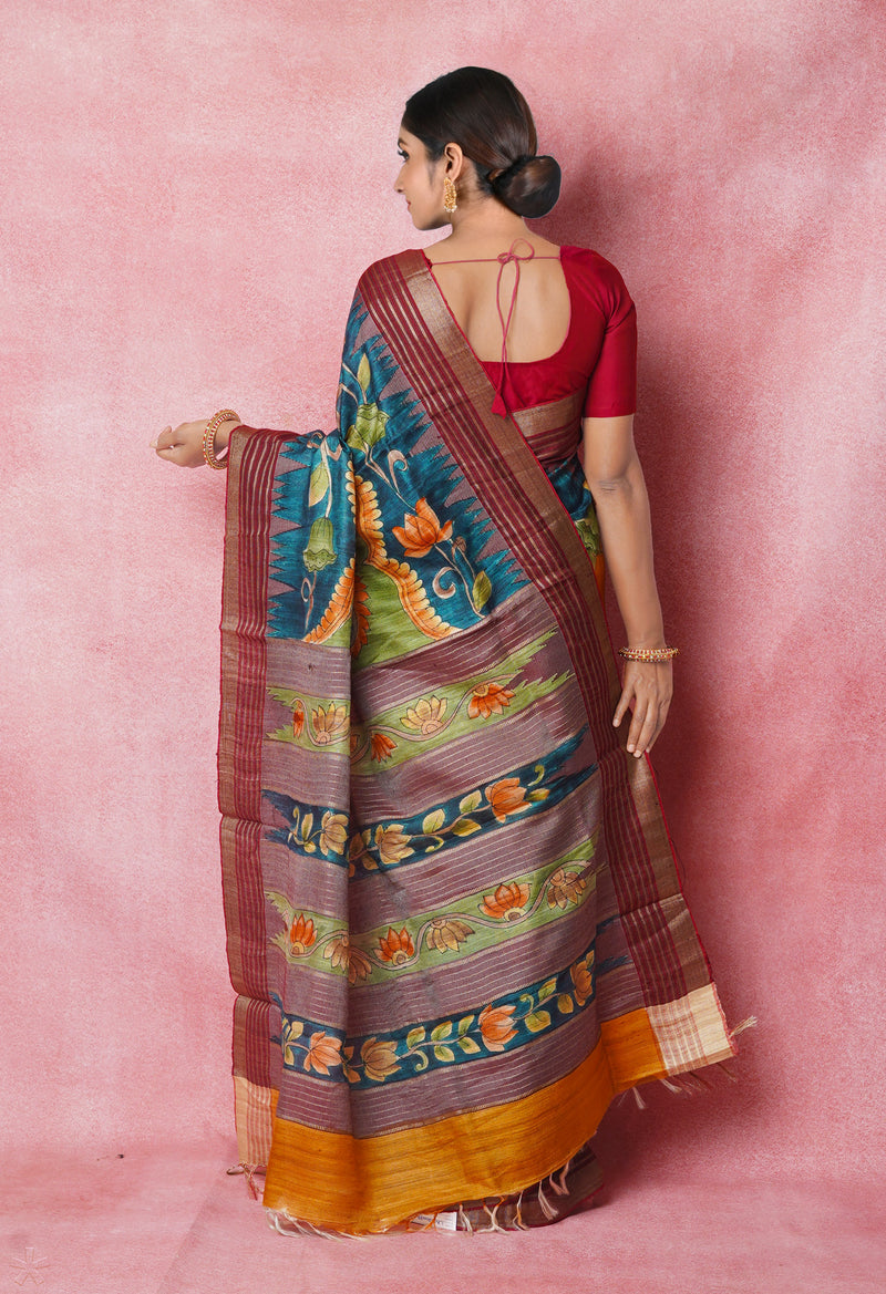 Green Pure Handloom Brush Painted Vidarbha Tussar Silk Saree-UNM74477