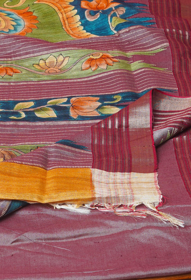 Green Pure Handloom Brush Painted Vidarbha Tussar Silk Saree-UNM74477