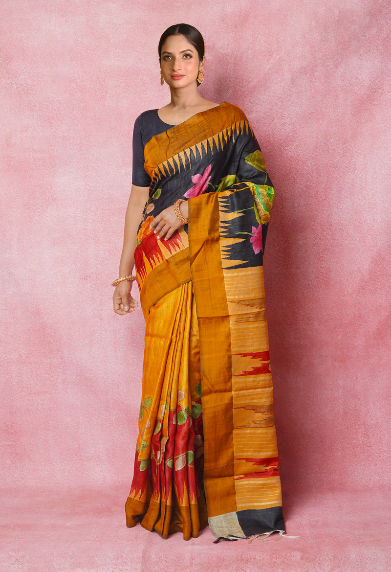 Black Pure Handloom Brush Painted Vidarbha Tussar Silk Saree-UNM74479