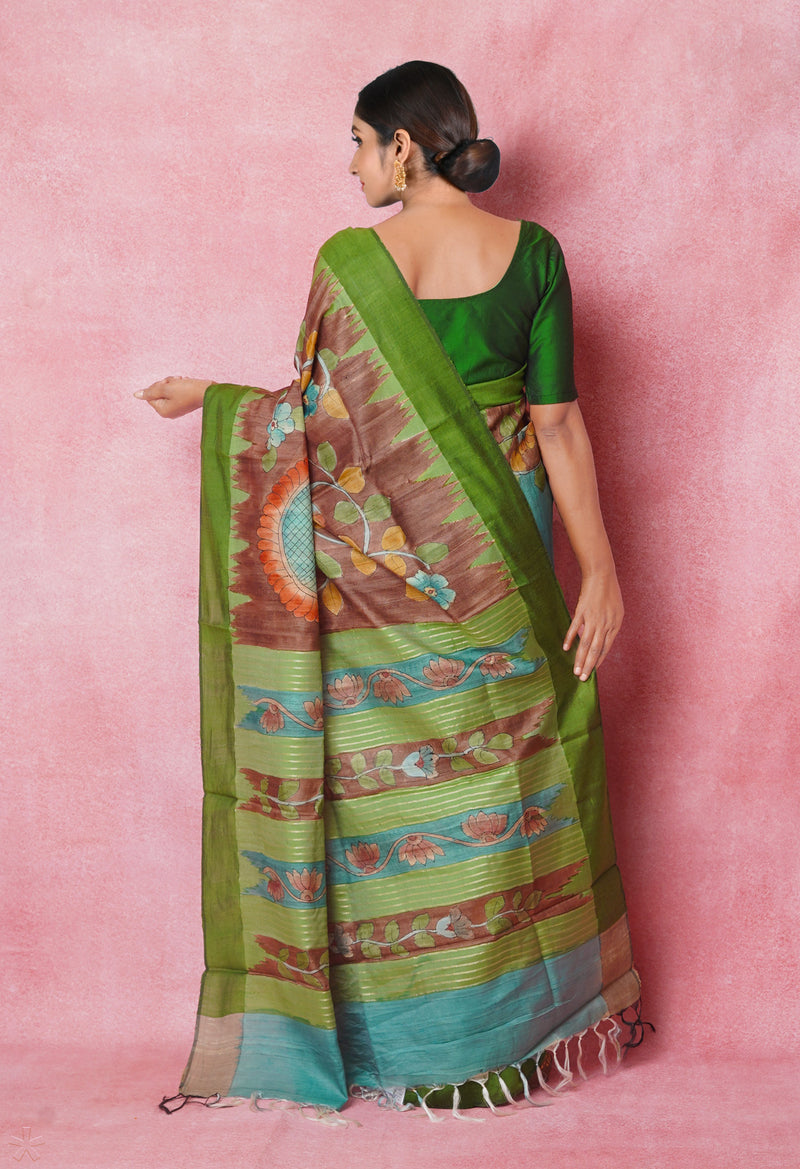 Brown Pure Handloom Brush Painted Vidarbha Tussar Silk Saree-UNM74480