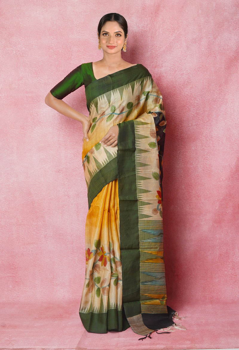 Black-Cream Pure Handloom Brush Painted Vidarbha Tussar Silk Saree-UNM74481