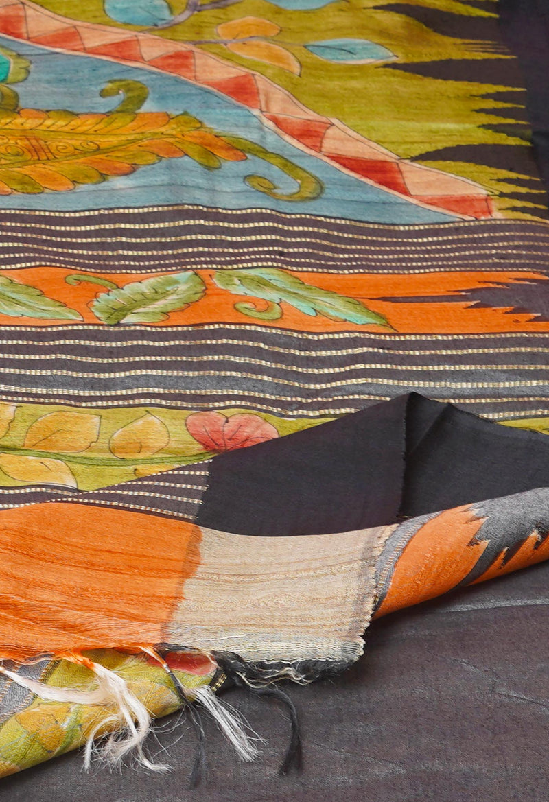 Yellow Pure Handloom Brush Painted Vidarbha Tussar Silk Saree-UNM74482