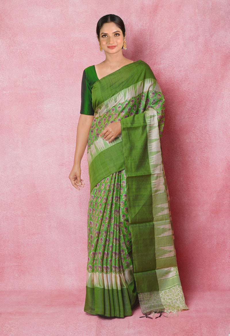 Green Pure Handloom Hand Block Printed Vidarbha Tussar Silk Saree-UNM74483