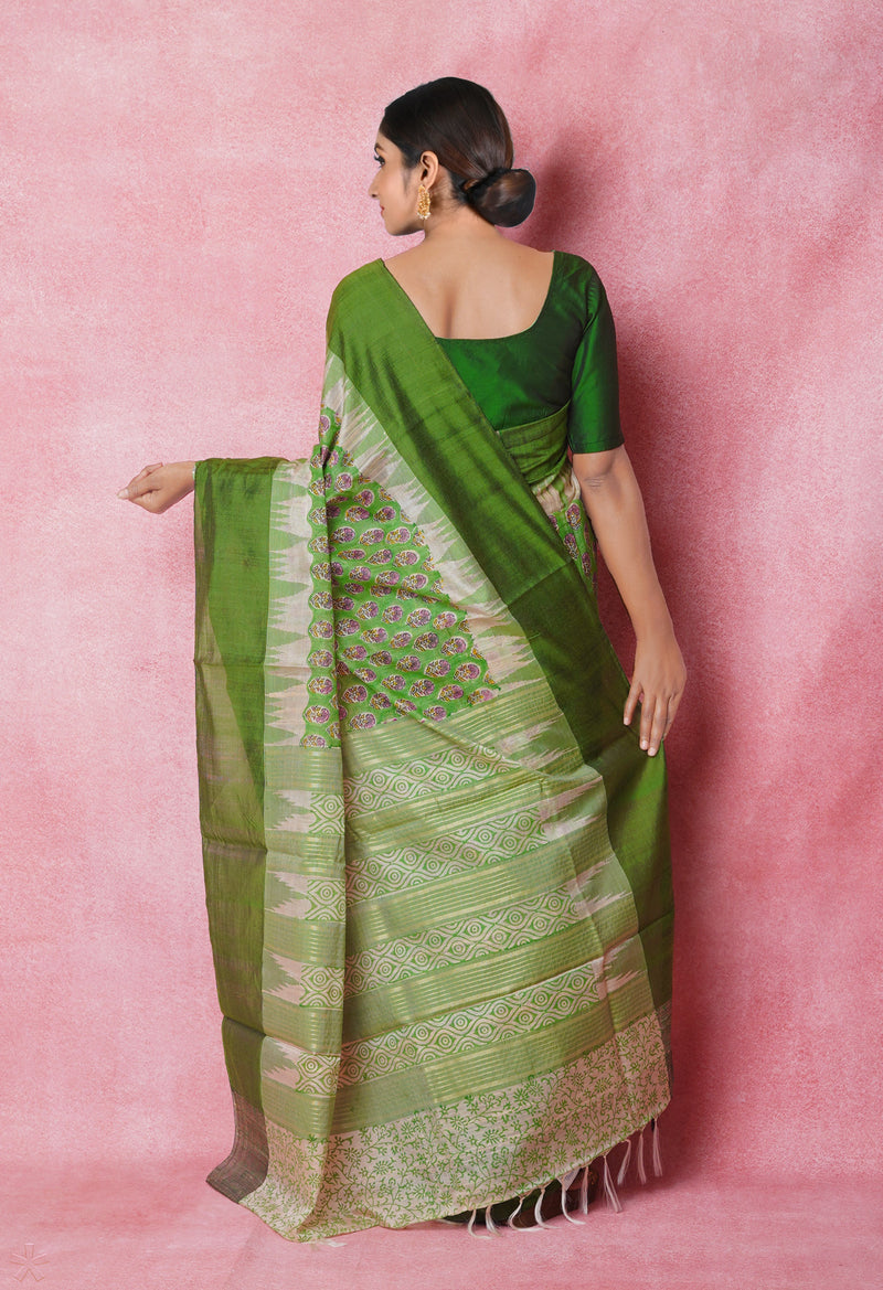 Green Pure Handloom Hand Block Printed Vidarbha Tussar Silk Saree-UNM74483