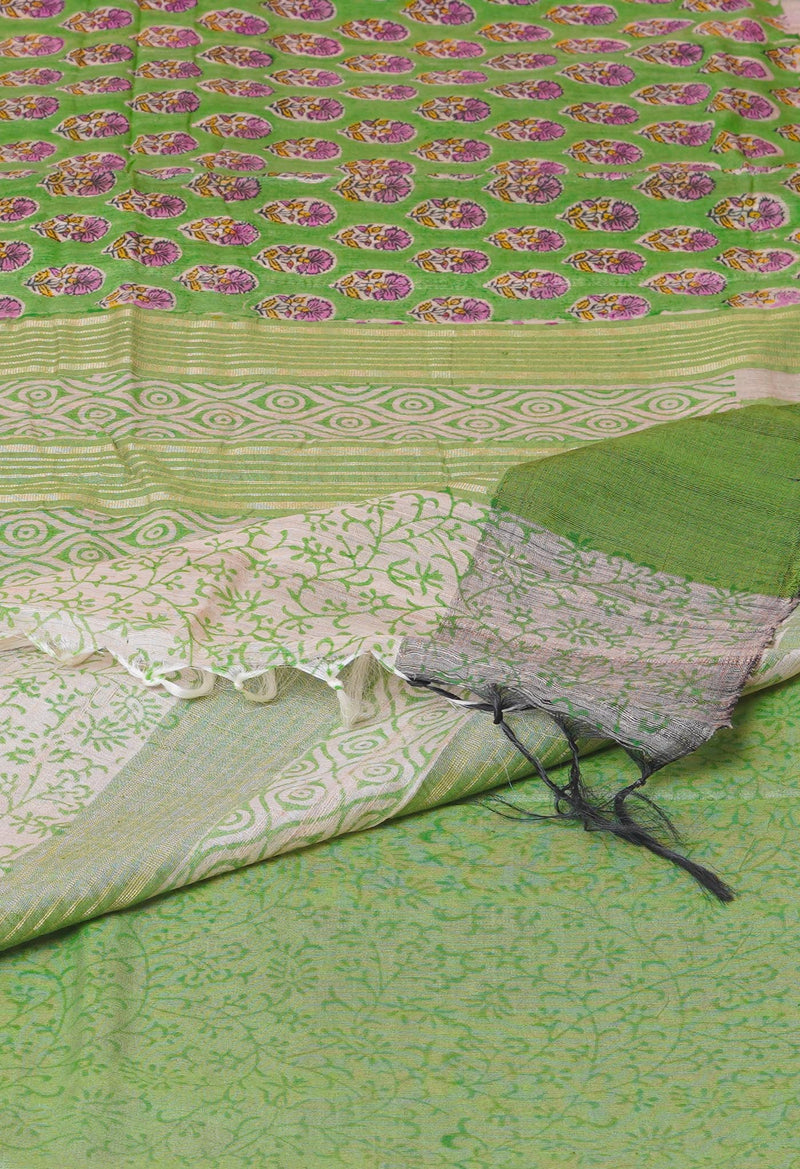 Green Pure Handloom Hand Block Printed Vidarbha Tussar Silk Saree-UNM74483