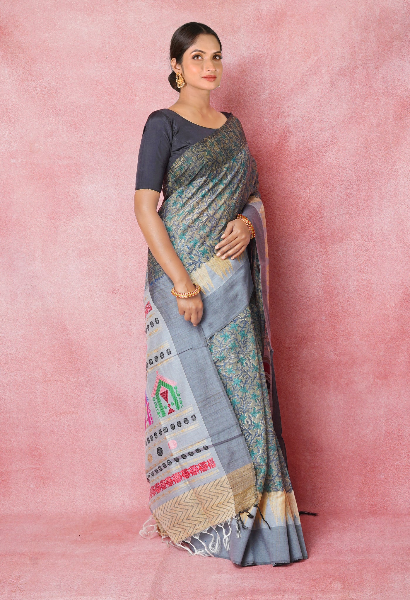 Grey Pure Handloom Hand Block Printed Vidarbha Tussar Silk Saree