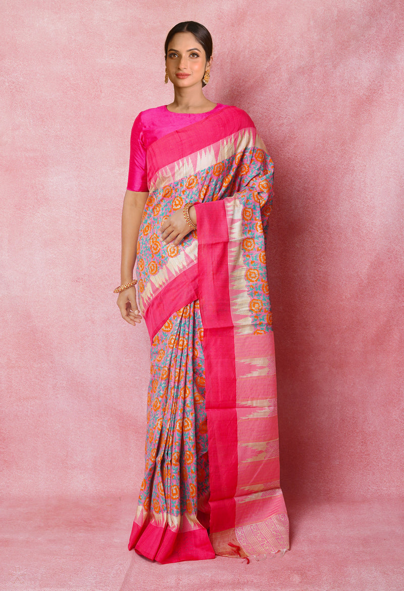 Pink Pure Handloom Hand Block Printed Vidarbha Tussar Silk Saree-UNM74485