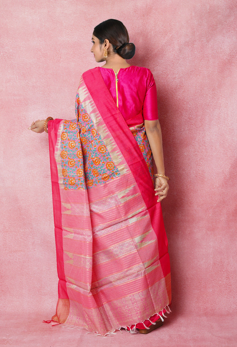 Pink Pure Handloom Hand Block Printed Vidarbha Tussar Silk Saree-UNM74485