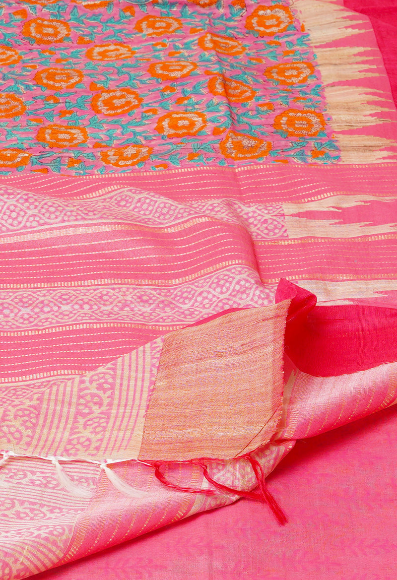 Pink Pure Handloom Hand Block Printed Vidarbha Tussar Silk Saree-UNM74485