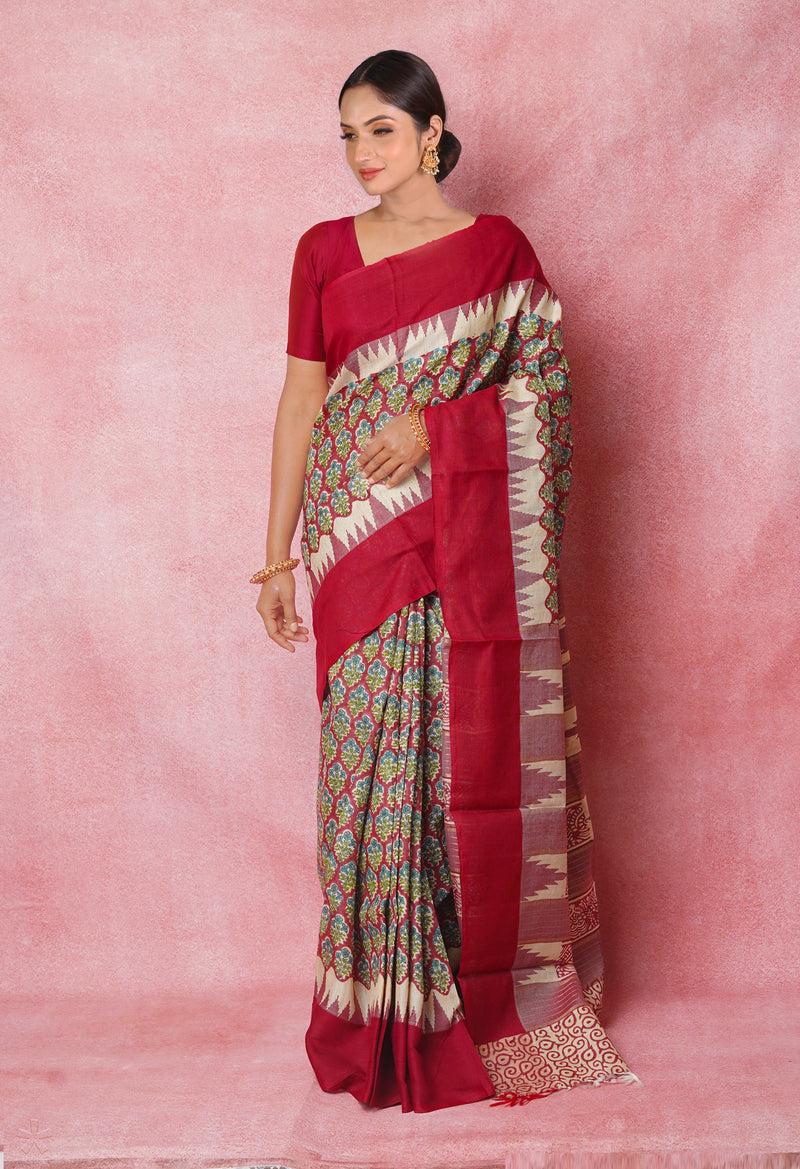 Maroon Pure Handloom Hand Block Printed Vidarbha Tussar Silk Saree-UNM74486