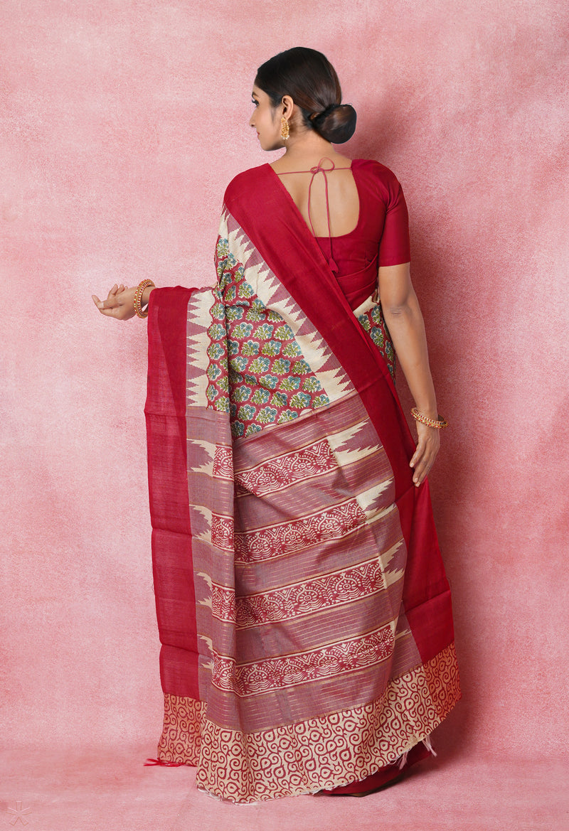 Maroon Pure Handloom Hand Block Printed Vidarbha Tussar Silk Saree-UNM74486