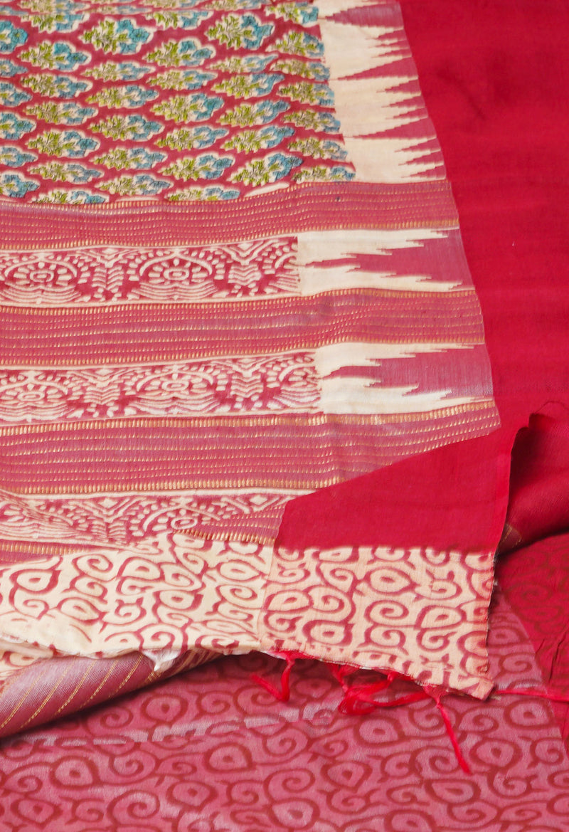 Maroon Pure Handloom Hand Block Printed Vidarbha Tussar Silk Saree-UNM74486