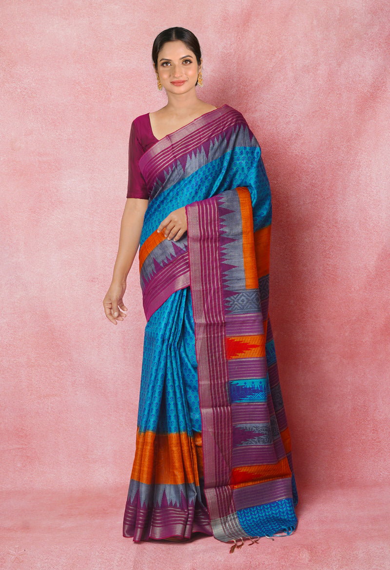 Blue Pure Handloom Hand Block Printed Vidarbha Tussar Silk Saree-UNM74488