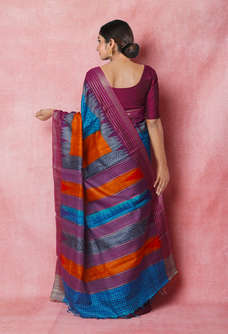 Blue Pure Handloom Hand Block Printed Vidarbha Tussar Silk Saree-UNM74488