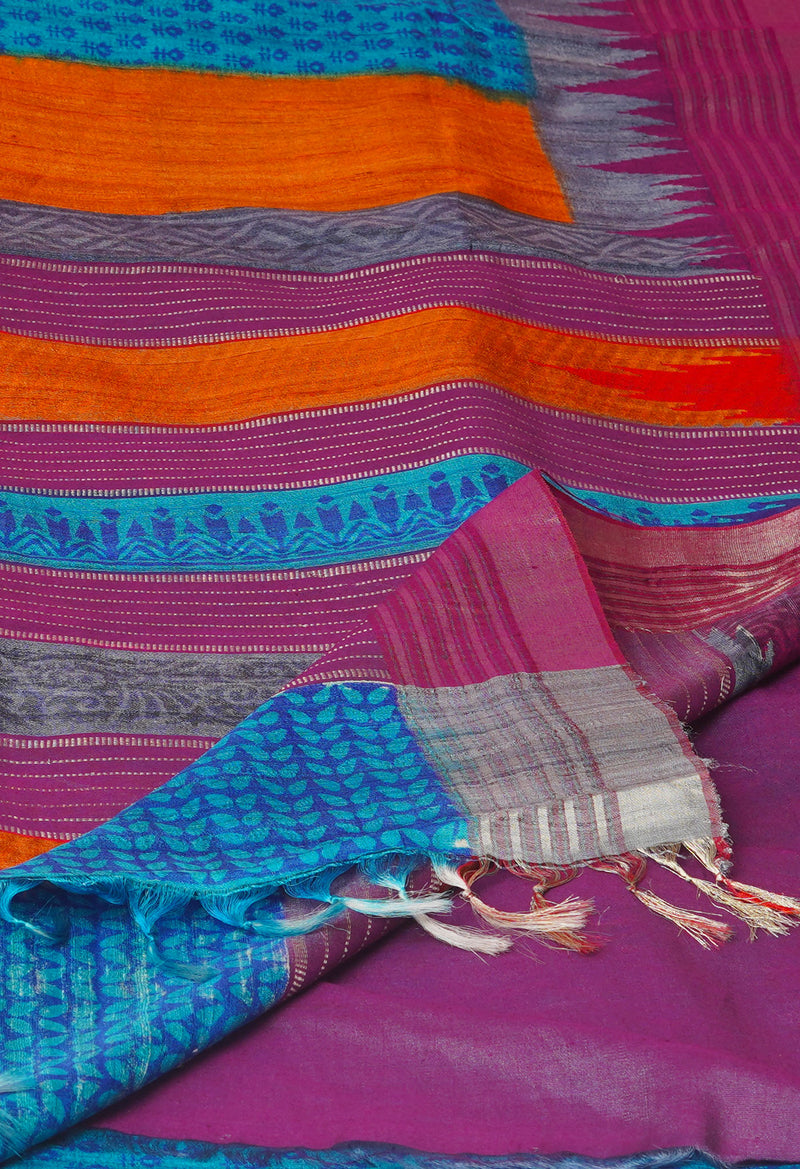 Blue Pure Handloom Hand Block Printed Vidarbha Tussar Silk Saree-UNM74488