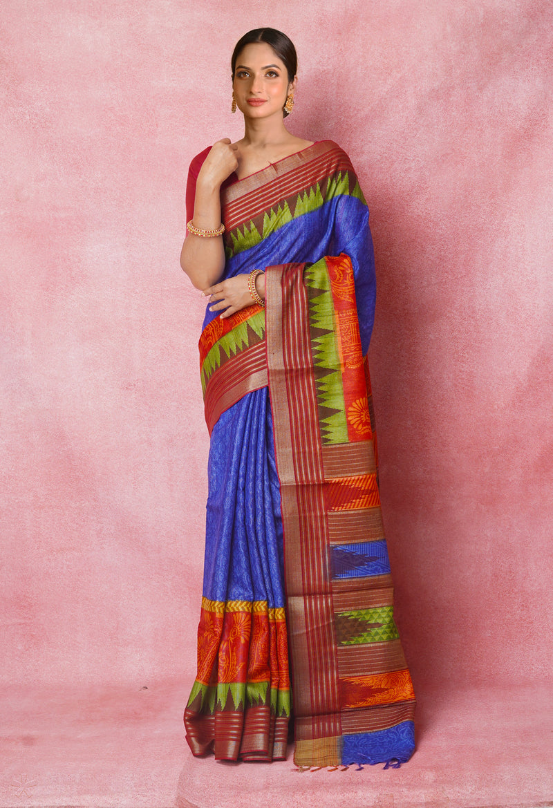 Blue Pure Handloom Hand Block Printed Vidarbha Tussar Silk Saree-UNM74490