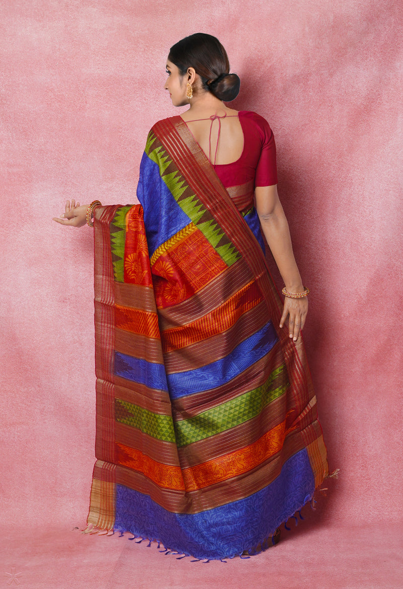 Blue Pure Handloom Hand Block Printed Vidarbha Tussar Silk Saree-UNM74490