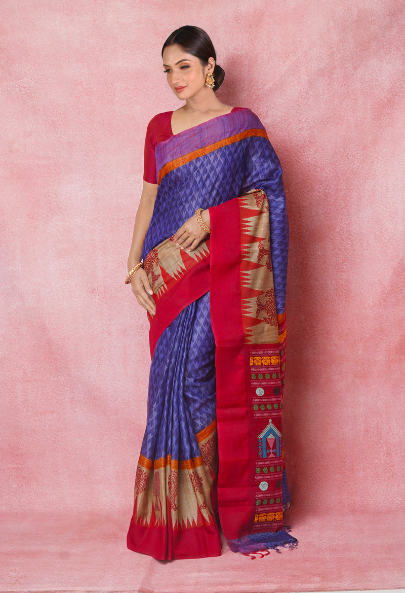 Blue Pure Handloom Hand Block Printed Vidarbha Tussar Silk Saree-UNM74491