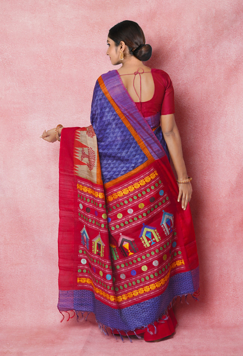 Blue Pure Handloom Hand Block Printed Vidarbha Tussar Silk Saree-UNM74491