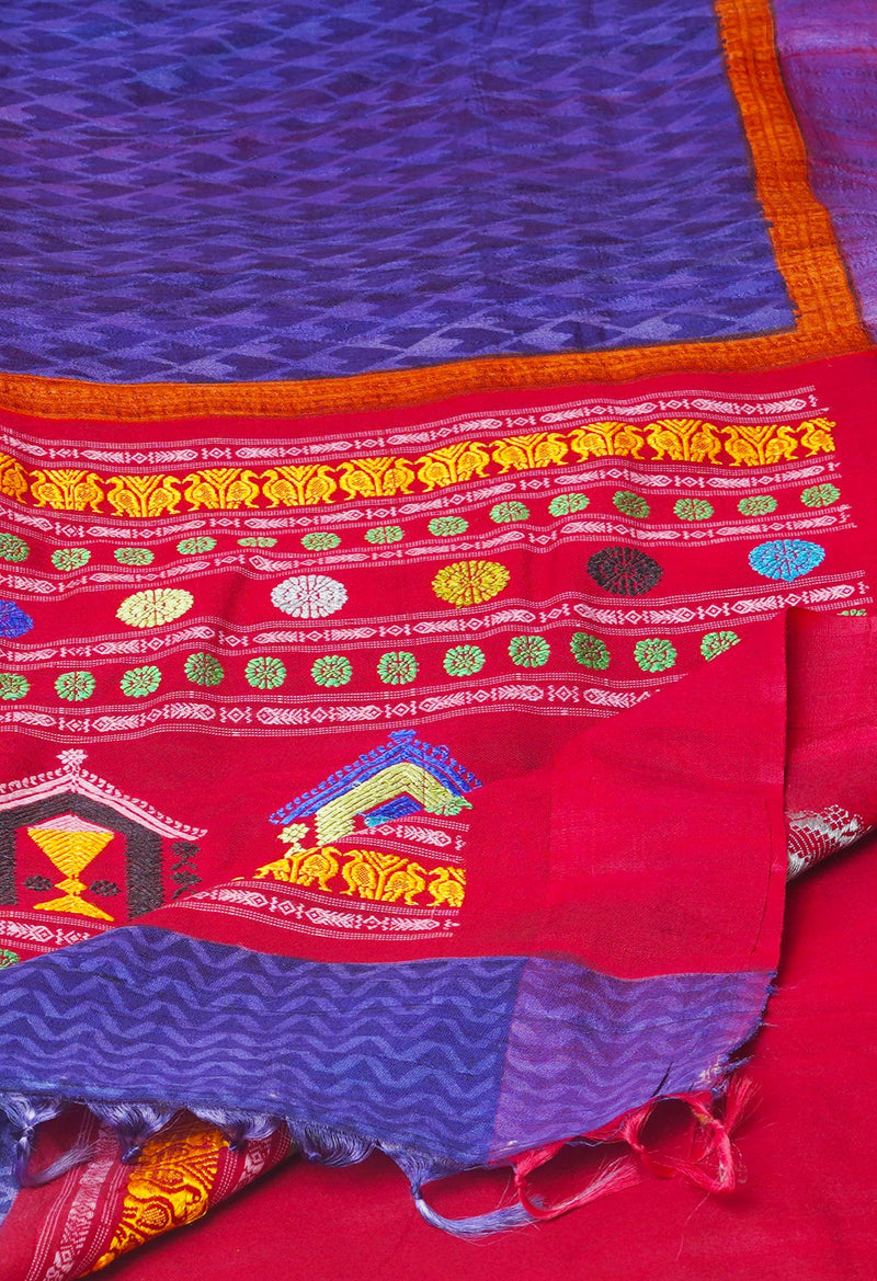Blue Pure Handloom Hand Block Printed Vidarbha Tussar Silk Saree-UNM74491