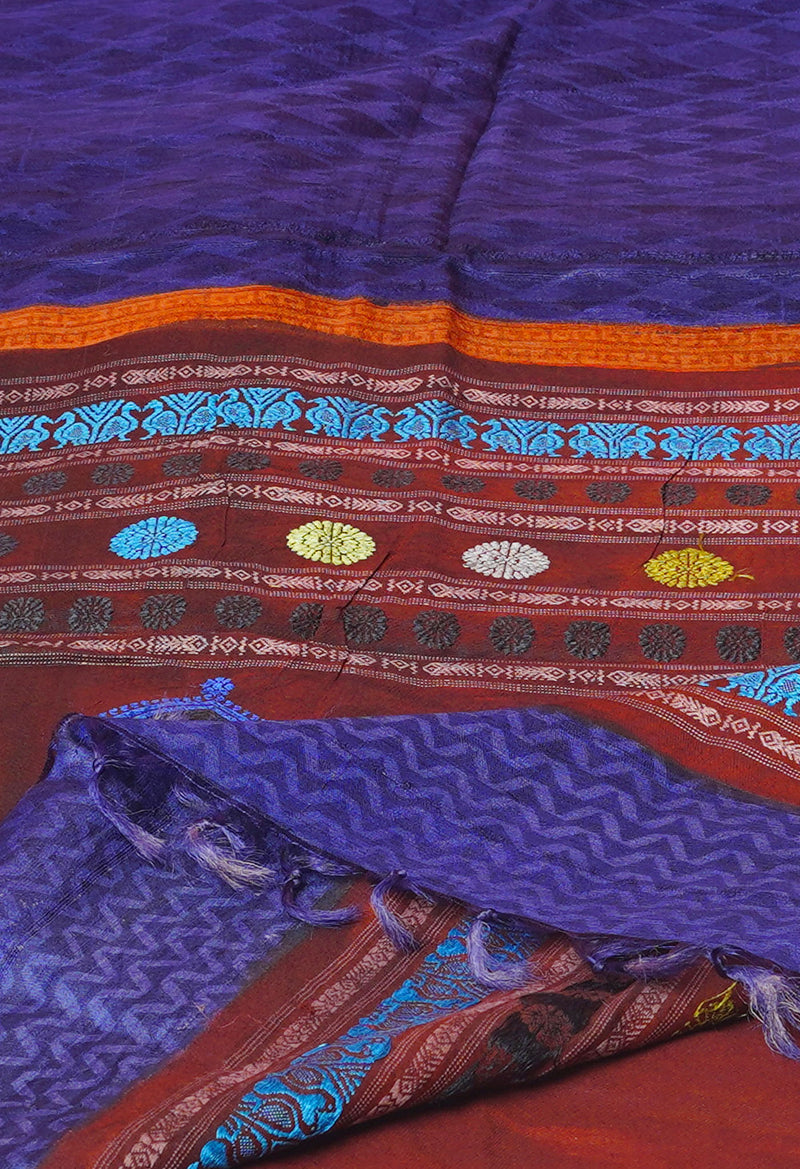 Blue Pure Handloom Hand Block Printed Vidarbha Tussar Silk Saree-UNM74492