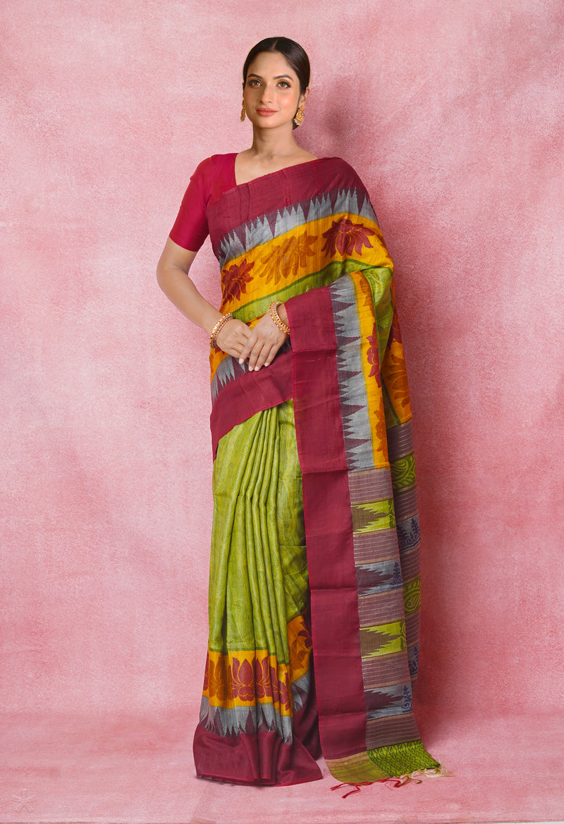 Olive Green Pure Handloom Hand Block Printed Vidarbha Tussar Silk Saree-UNM74495