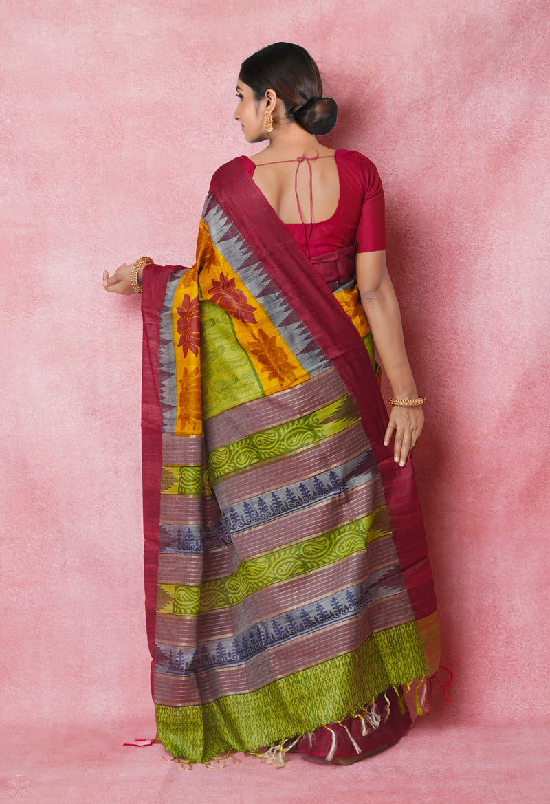 Olive Green Pure Handloom Hand Block Printed Vidarbha Tussar Silk Saree-UNM74495