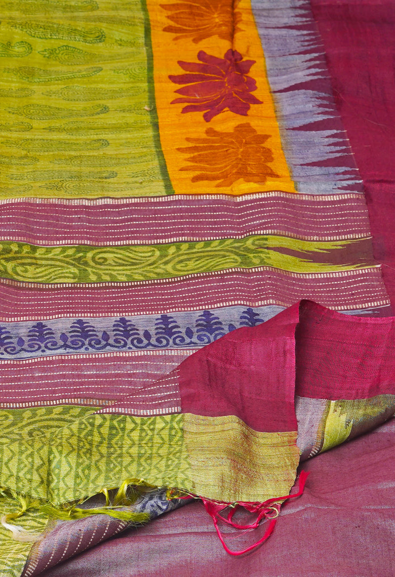 Olive Green Pure Handloom Hand Block Printed Vidarbha Tussar Silk Saree-UNM74495