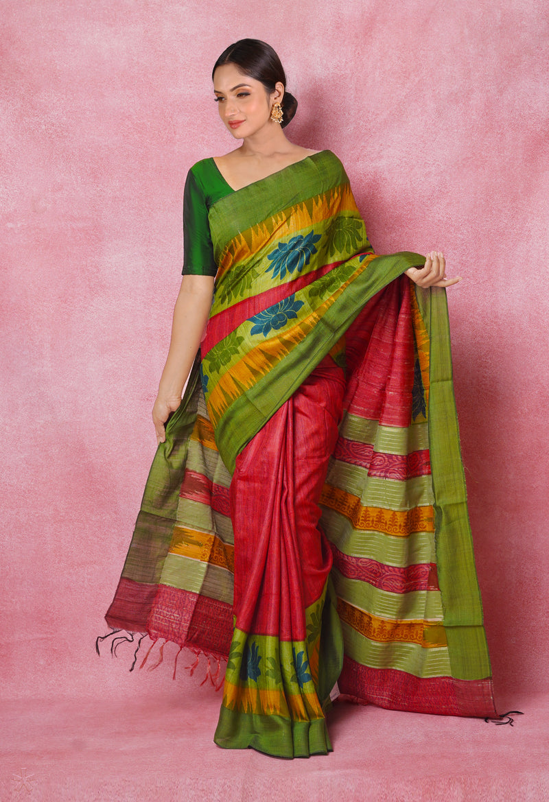 Peach Red Pure Handloom Hand Block Printed Vidarbha Tussar Silk Saree-UNM74496