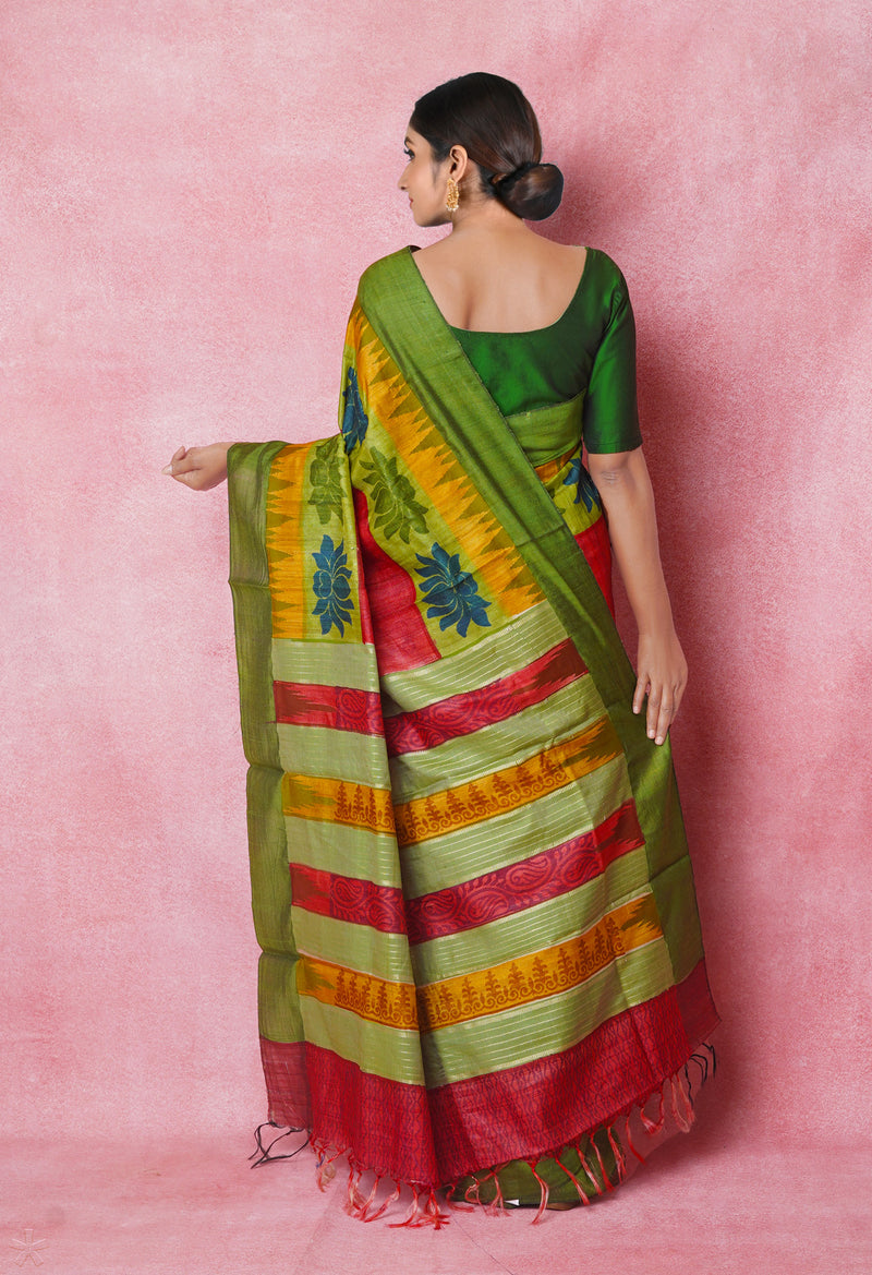 Peach Red Pure Handloom Hand Block Printed Vidarbha Tussar Silk Saree-UNM74496
