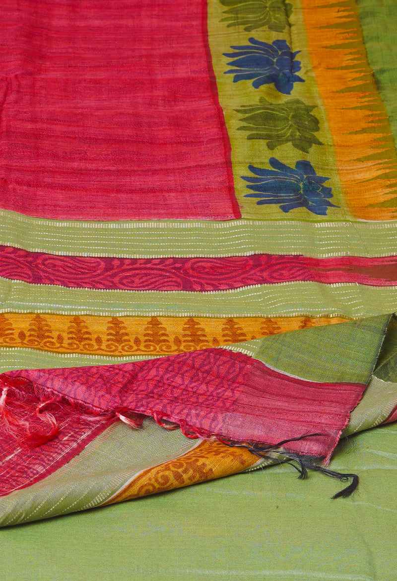 Peach Red Pure Handloom Hand Block Printed Vidarbha Tussar Silk Saree-UNM74496