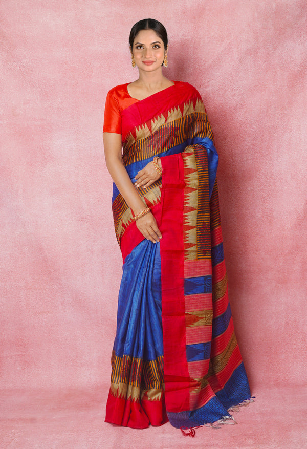Blue Pure Handloom Hand Block Printed Vidarbha Tussar Silk Saree-UNM74497