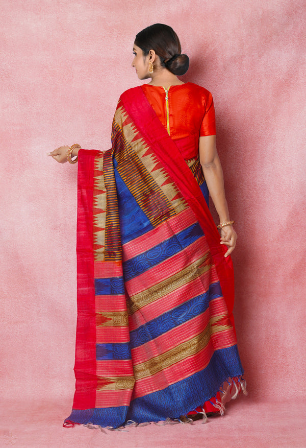 Blue Pure Handloom Hand Block Printed Vidarbha Tussar Silk Saree-UNM74497