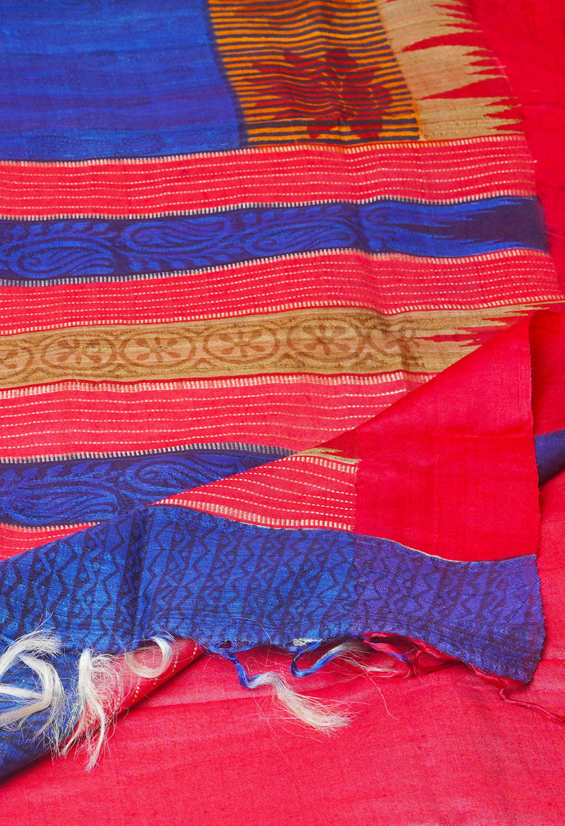 Blue Pure Handloom Hand Block Printed Vidarbha Tussar Silk Saree-UNM74497