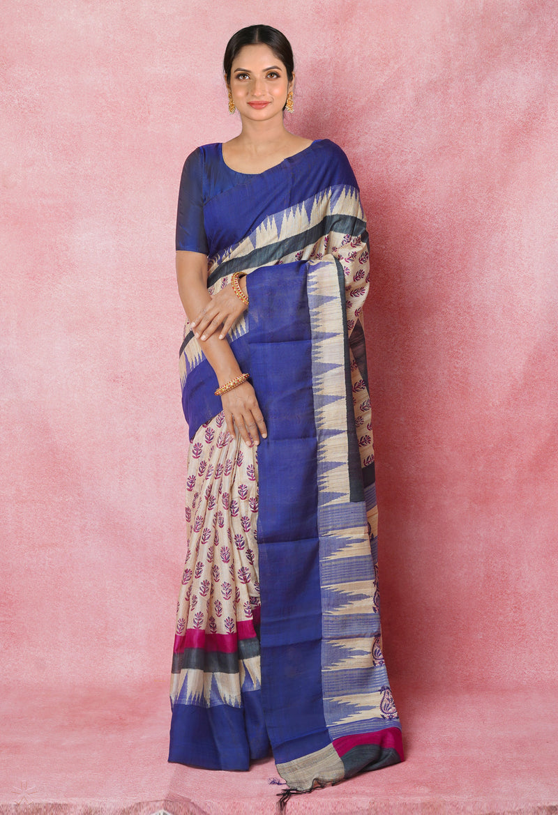 Cream Pure Handloom Hand Block Printed Vidarbha Tussar Silk Saree-UNM74498