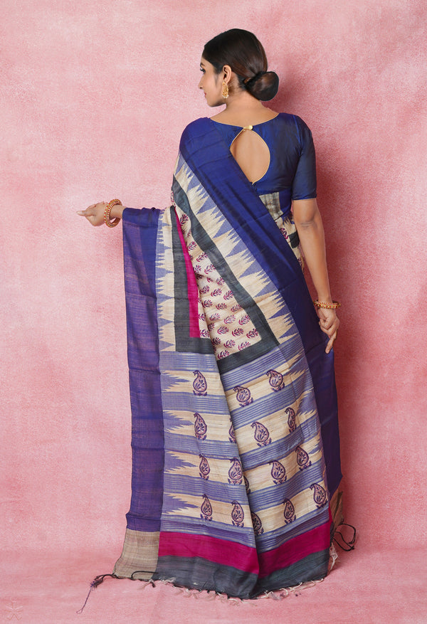 Cream Pure Handloom Hand Block Printed Vidarbha Tussar Silk Saree-UNM74498