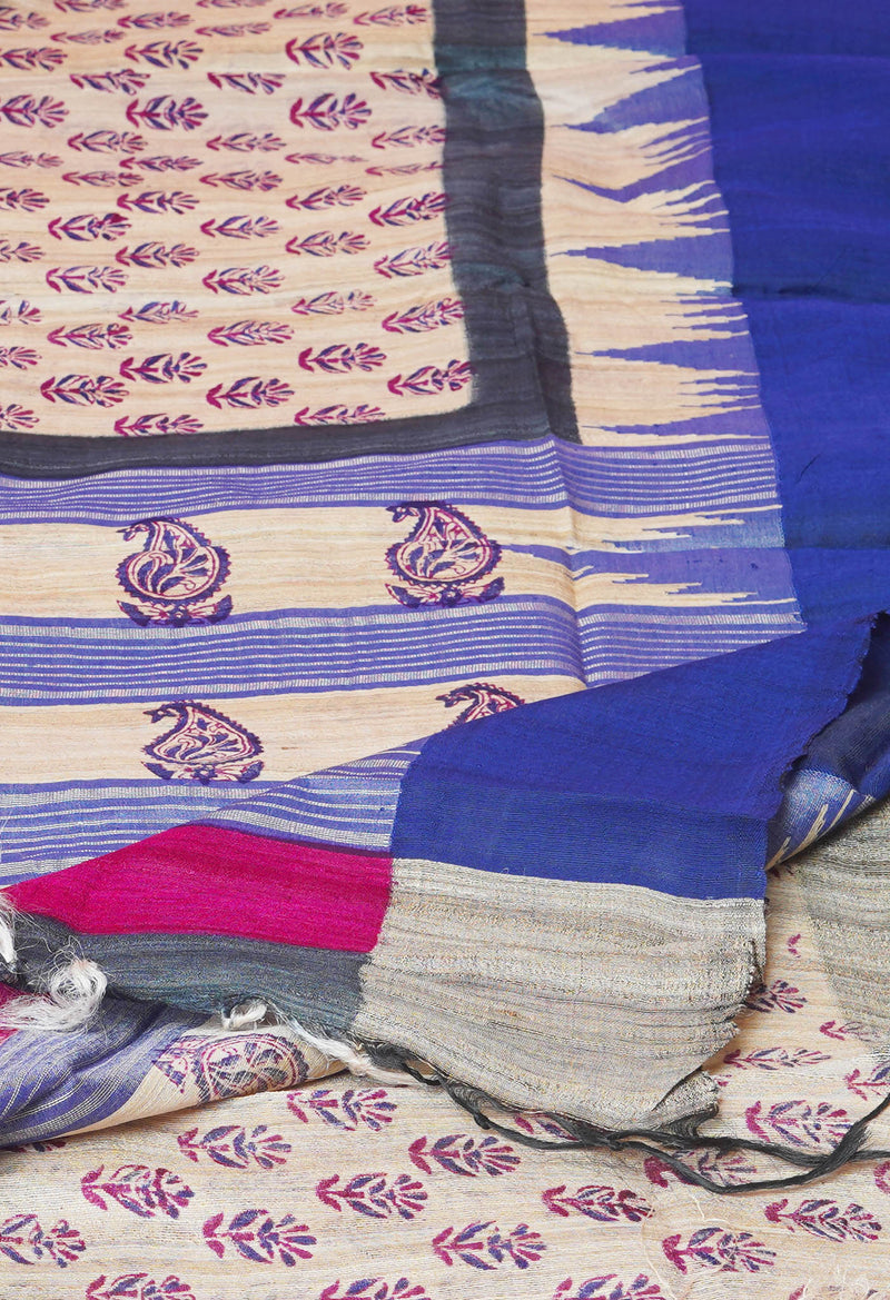 Cream Pure Handloom Hand Block Printed Vidarbha Tussar Silk Saree-UNM74498