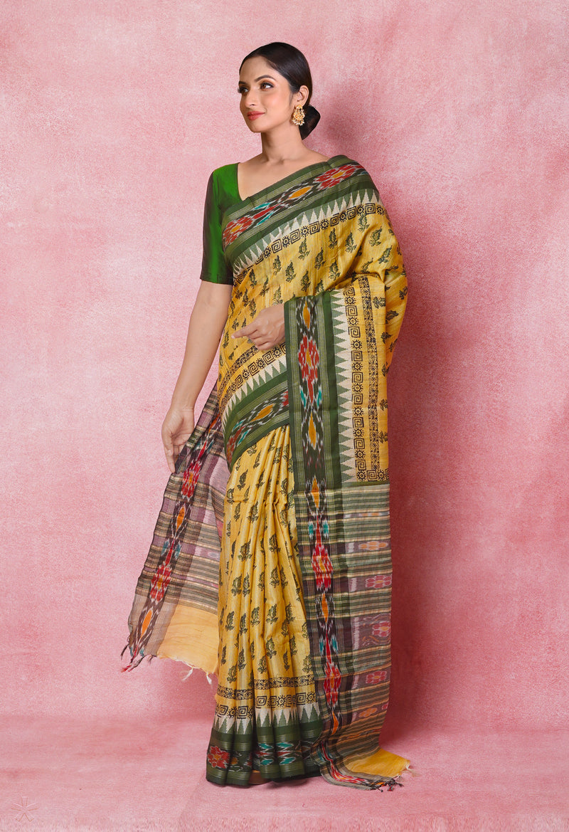 Cream Pure Handloom Hand Block Printed Vidarbha Tussar Silk Saree-UNM74499