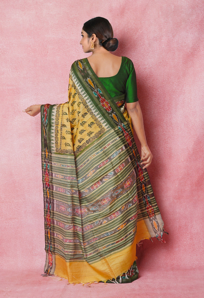 Cream Pure Handloom Hand Block Printed Vidarbha Tussar Silk Saree-UNM74499