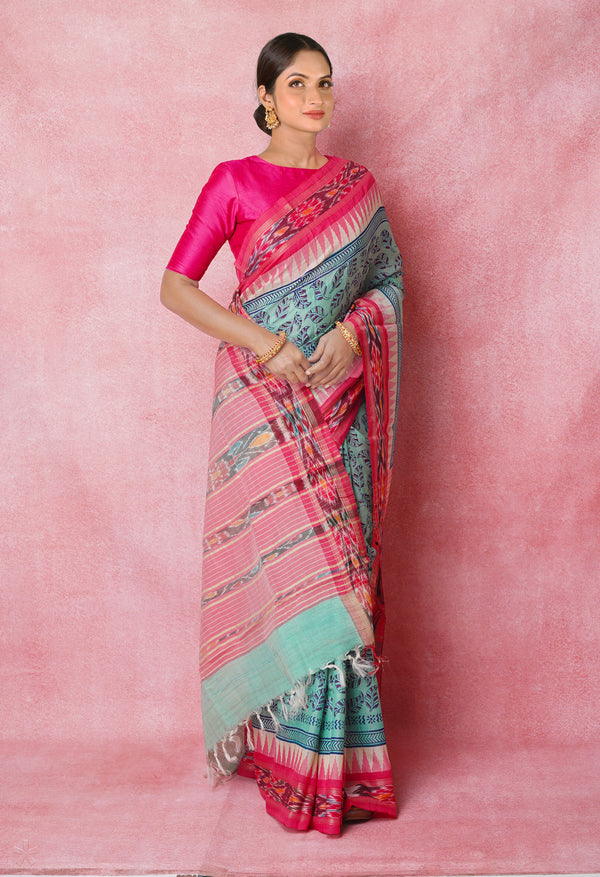 Pale Blue Pure Handloom Hand Block Printed Vidarbha Tussar Silk Saree-UNM74500