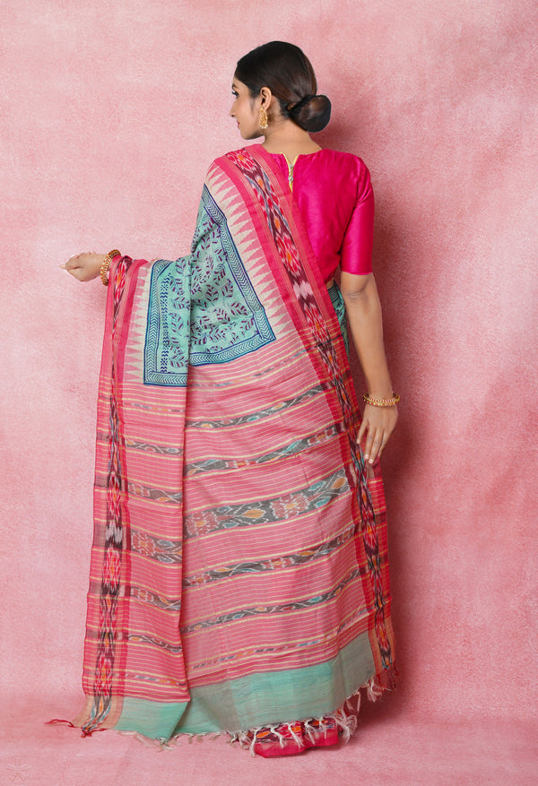 Pale Blue Pure Handloom Hand Block Printed Vidarbha Tussar Silk Saree-UNM74500