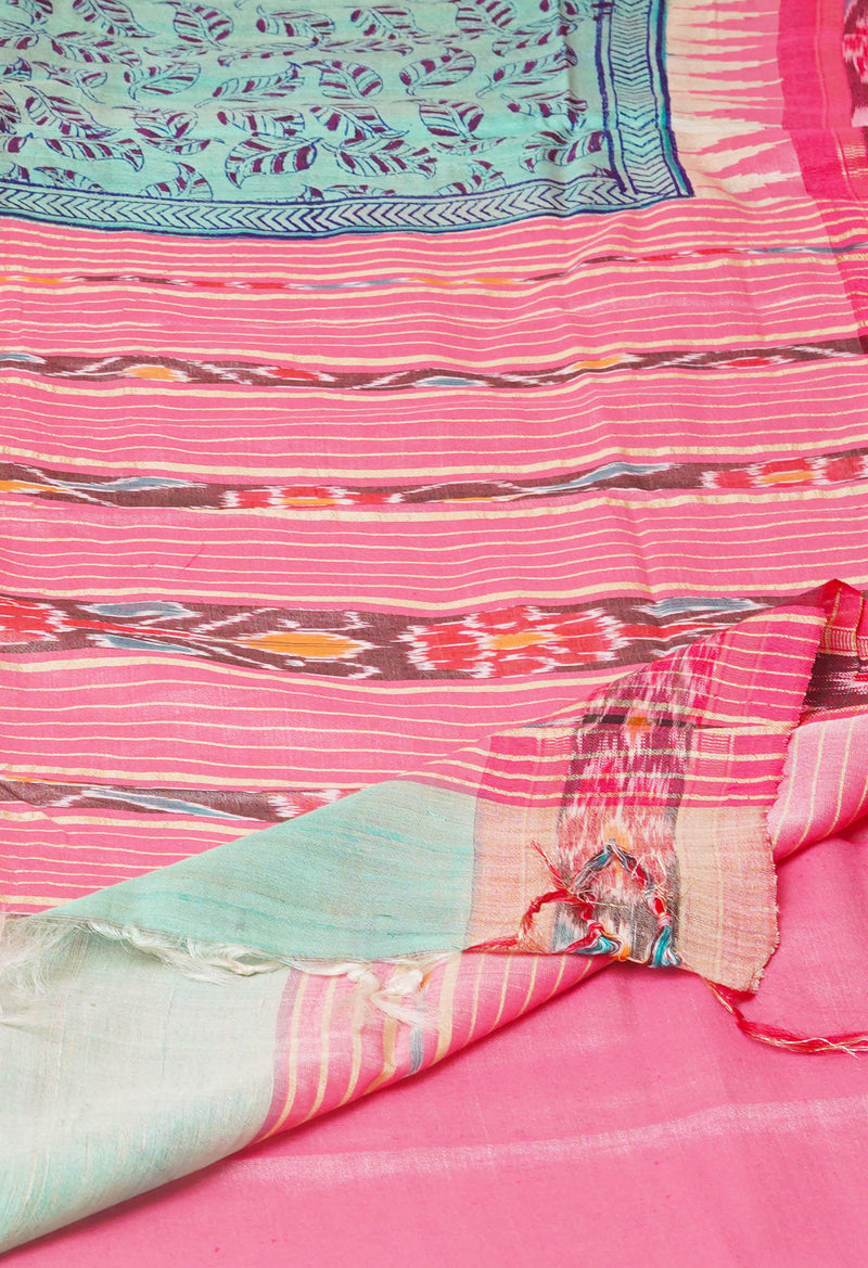 Pale Blue Pure Handloom Hand Block Printed Vidarbha Tussar Silk Saree-UNM74500