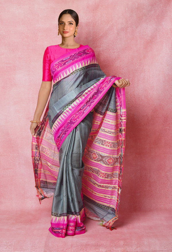 Grey Pure Handloom Hand Block Printed Vidarbha Tussar Silk Saree-UNM74501